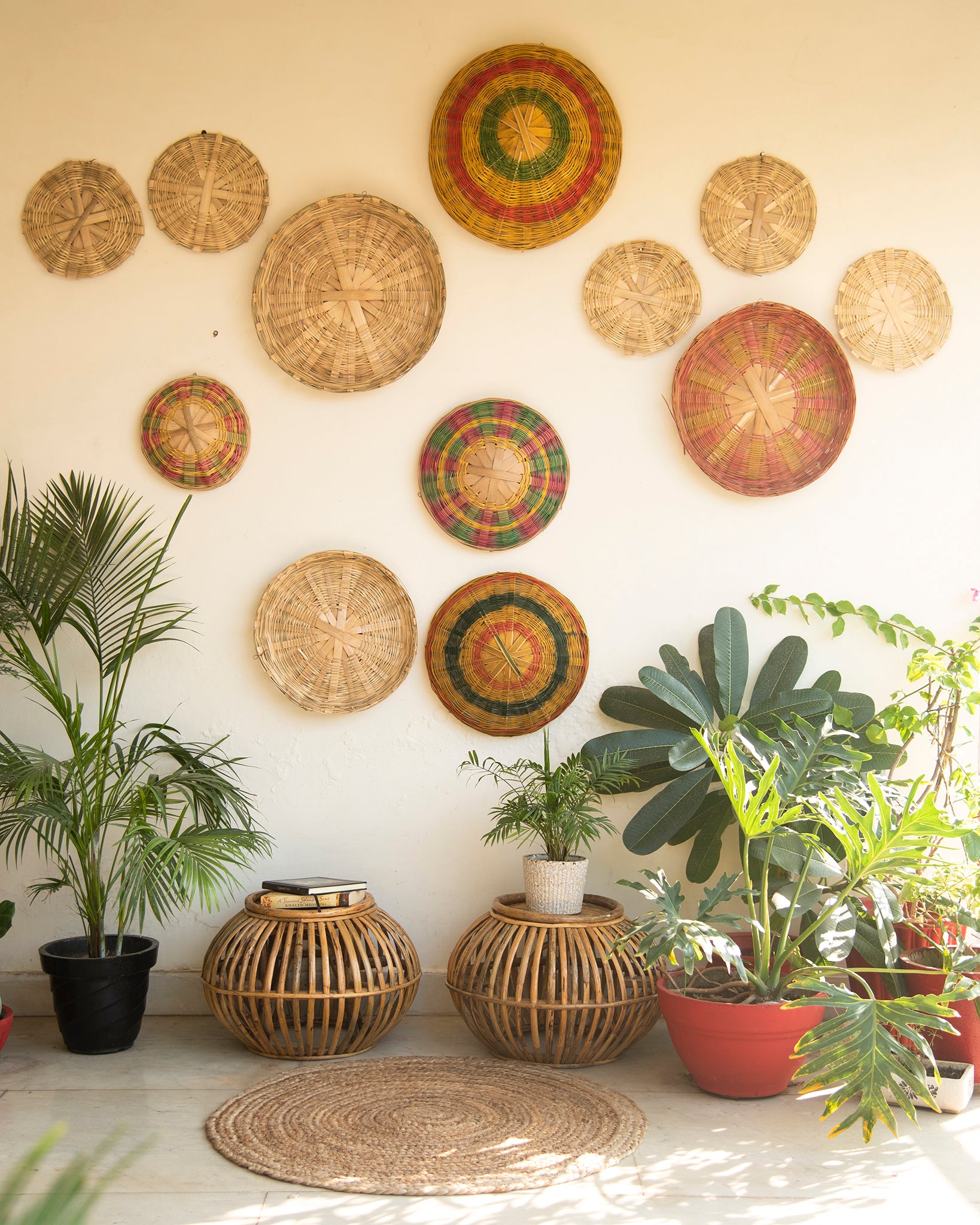 Bamboo Woven Wall Baskets - Set of 3. Bamboo woven wall baskets, Eco-friendly décor, Floral dyes, Handcrafted multi-utility baskets, Handmade bamboo basket plate, Handwoven bamboo wall hanging, Hooks for hanging, Organic colors, Sturdy craftsmanship, Sustainable home choices, Vibrant aesthetic, Wall decorator, Weave design, tesu 