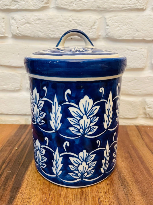 Floral Blue and White Hand Painted Storage Jar with lid - TesuServeware