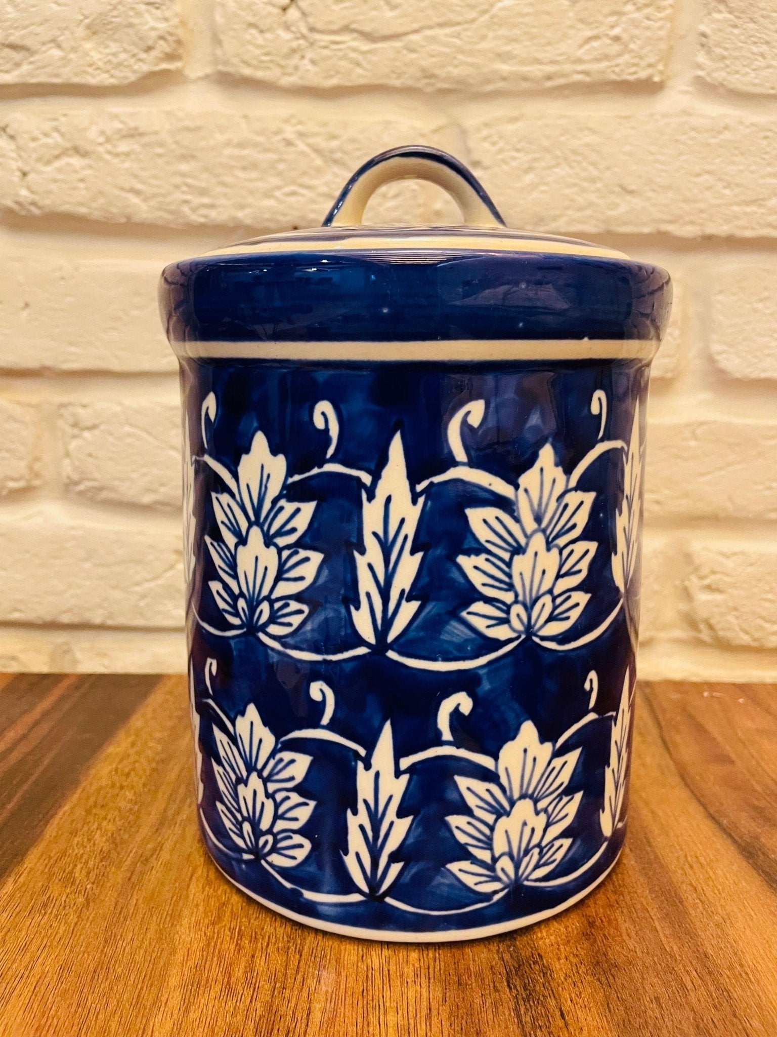 Floral Blue and White Hand Painted Storage Jar with lid - TesuServeware