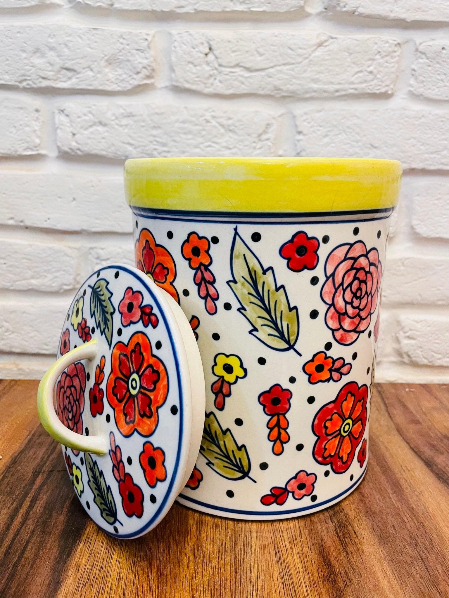 Floral Yellow and Red Hand Painted Storage Jar with lid - TesuHome & Kitchen