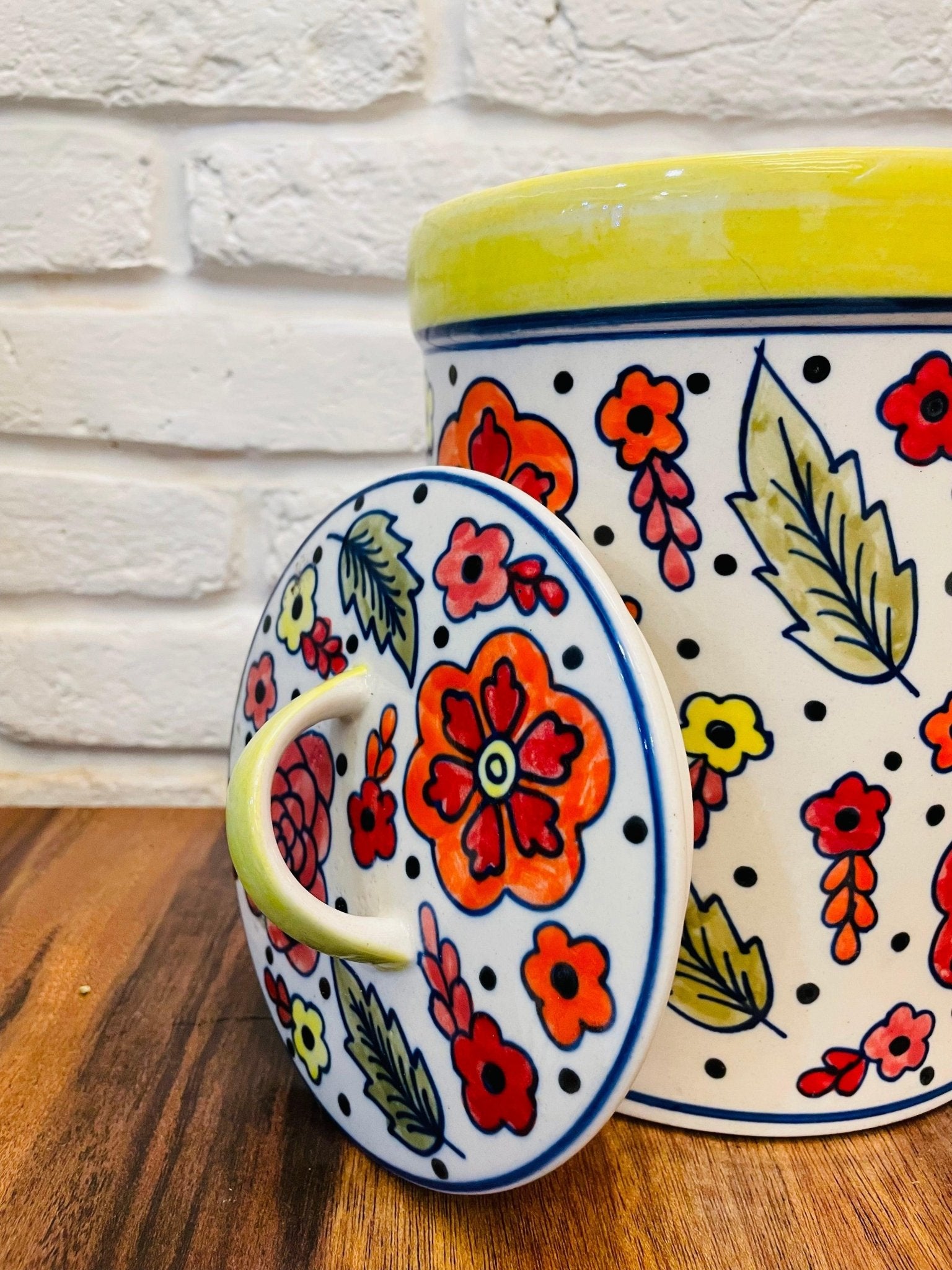 Floral Yellow and Red Hand Painted Storage Jar with lid - TesuHome & Kitchen