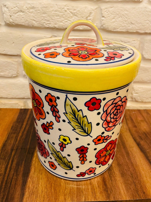 Floral Yellow and Red Hand Painted Storage Jar with lid - TesuHome & Kitchen