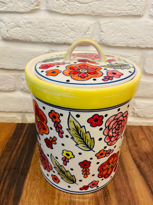 Floral Yellow and Red Hand Painted Storage Jar with lid - TesuHome & Kitchen