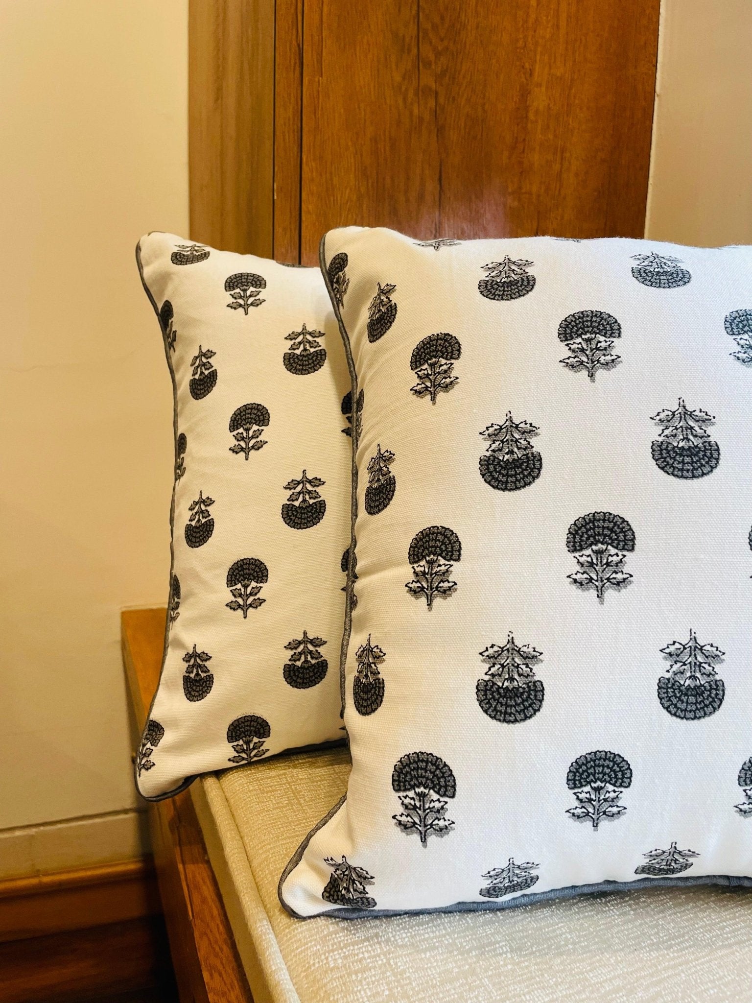 Grey and White Handblock Printed Cotton Cushion Covers - Set of 2 - TesuCushion Covers