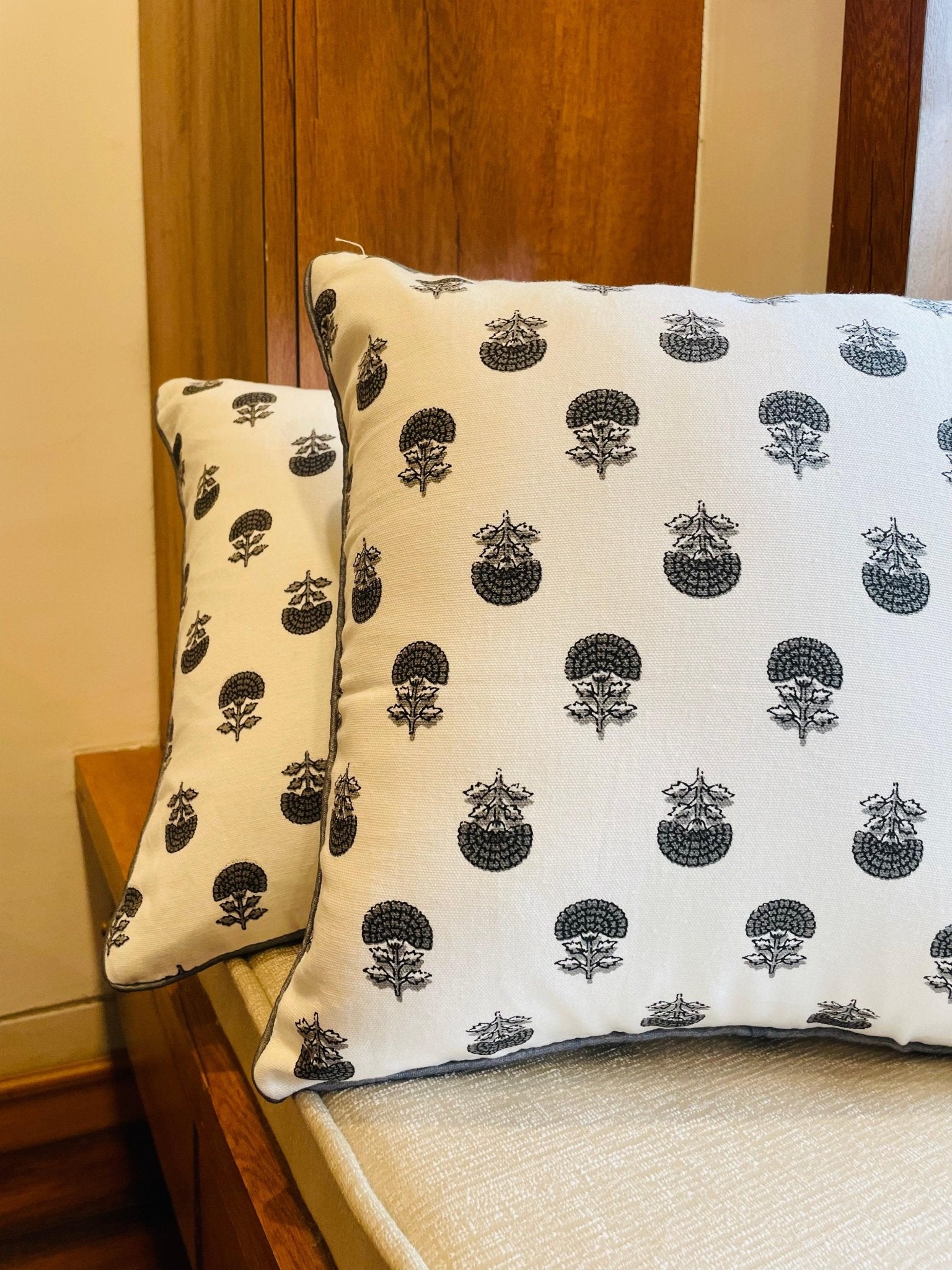 Grey and White Handblock Printed Cotton Cushion Covers - Set of 2 - TesuCushion Covers
