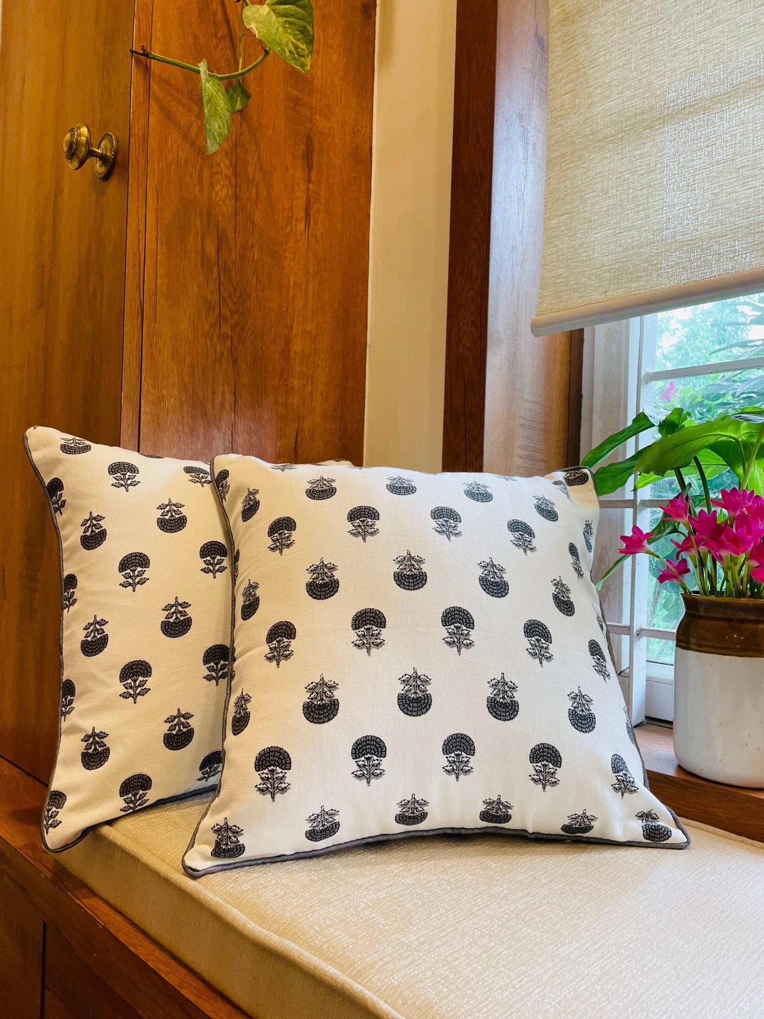 Grey and White Handblock Printed Cotton Cushion Covers - Set of 2 - TesuCushion Covers