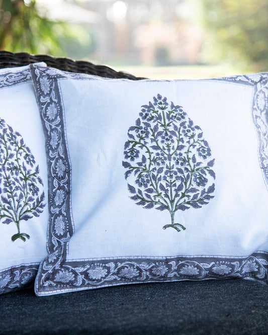 Purple and white block print cushion covers styled on sofa – Tesu Cushion Covers
