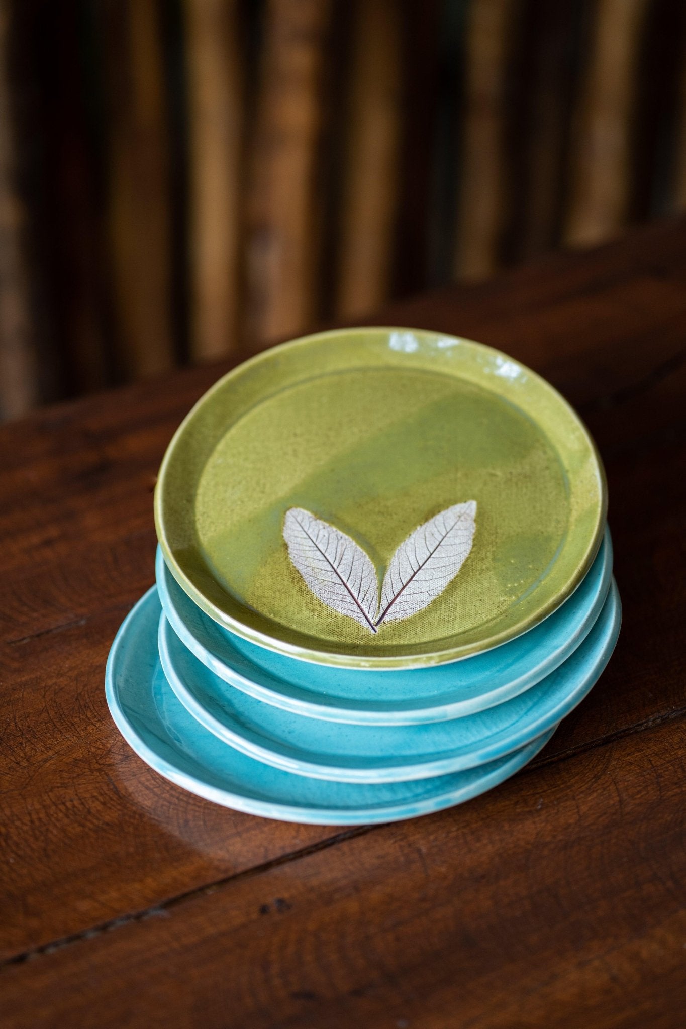 Leaf Engraved Quarter Plate  - Olive Green and blue