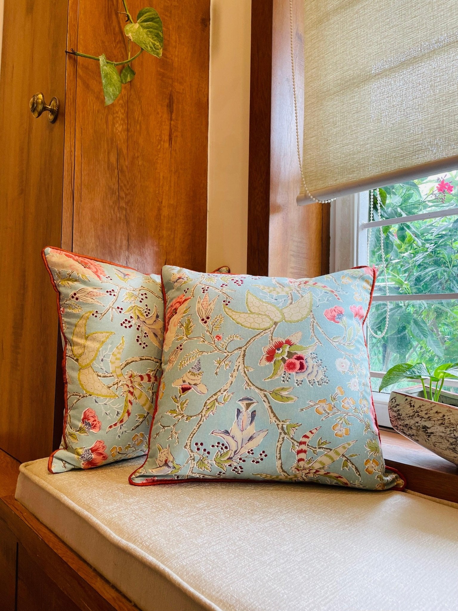 Light Blue Handblock Printed Cotton Cushion Covers - Set of 2 - TesuCushion Covers