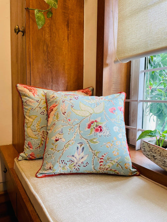 Light Blue Handblock Printed Cotton Cushion Covers - Set of 2 - TesuCushion Covers