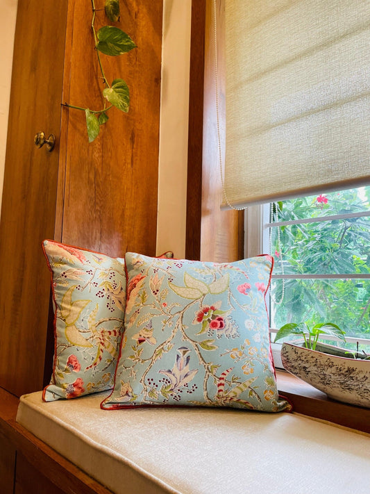 Light blue block print cushion covers styled on sofa – Tesu Cushion Covers