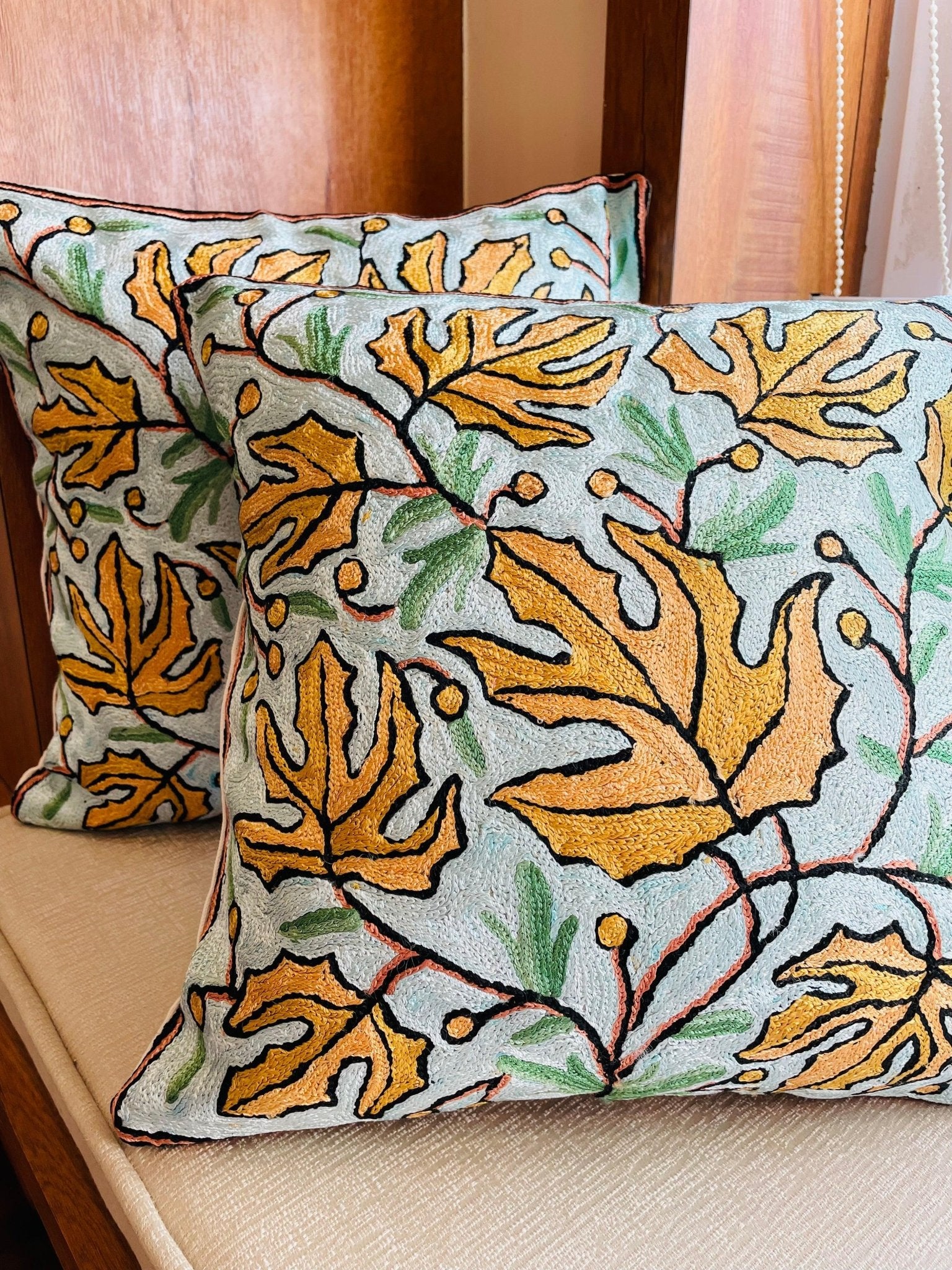 Maple Leaf Chainstitch Embroidered Cushion Cover - Light blue and Yellow - TesuCushion Covers