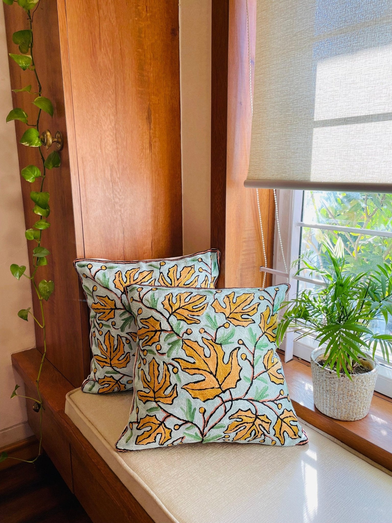 Maple Leaf Chainstitch Embroidered Cushion Cover - Light blue and Yellow - TesuCushion Covers