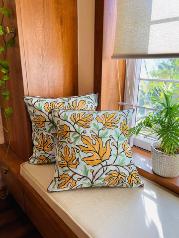 Maple Leaf Chainstitch Embroidered Cushion Cover - Light blue and Yellow - TesuCushion Covers