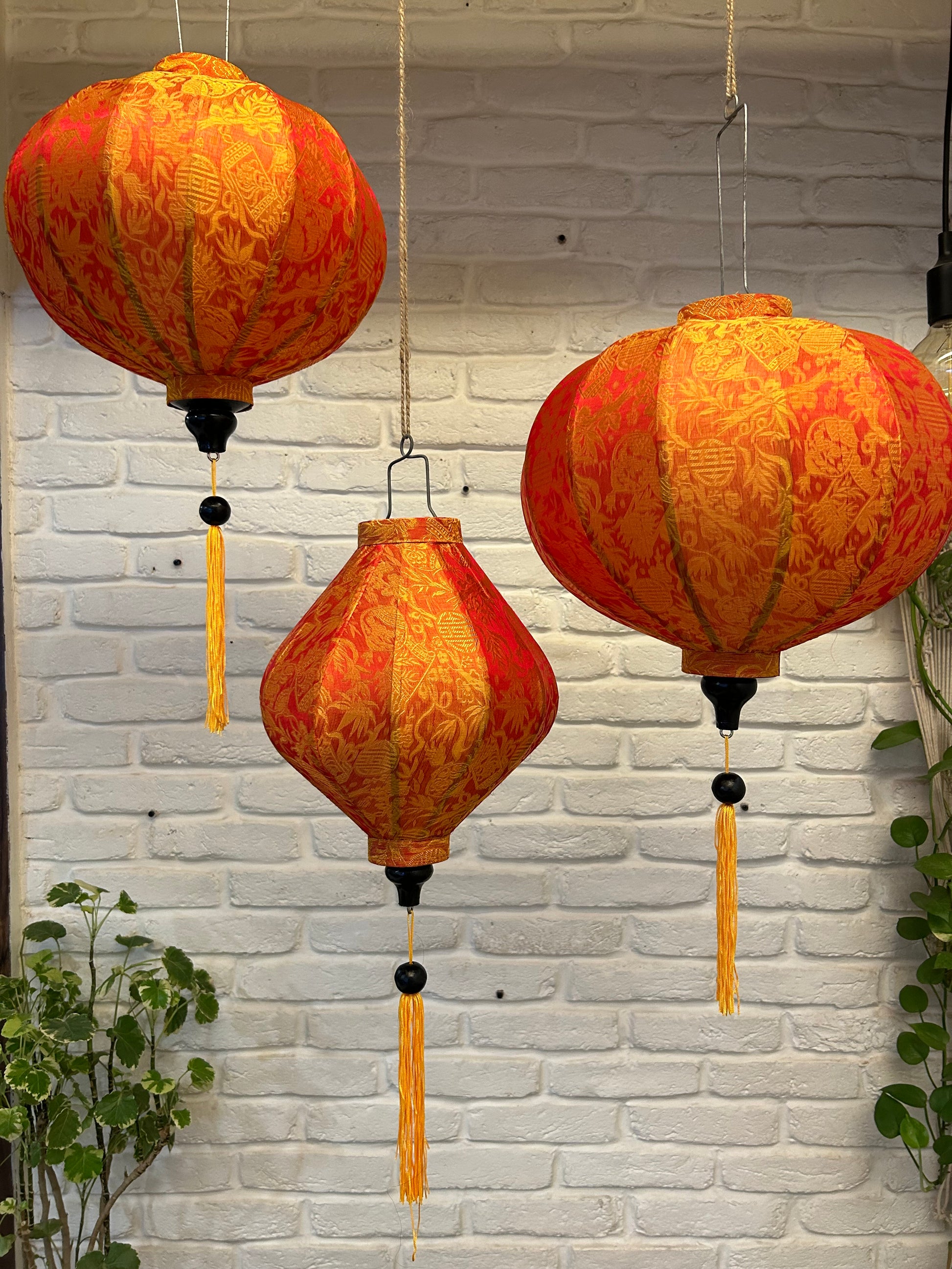 Vietnamese Silk Lanterns - Round Printed Orange hanoi tesu home lampshade