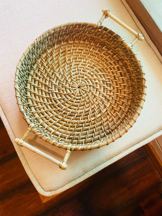 Handwoven Cane Serving Tray With Designer Handle - TESU