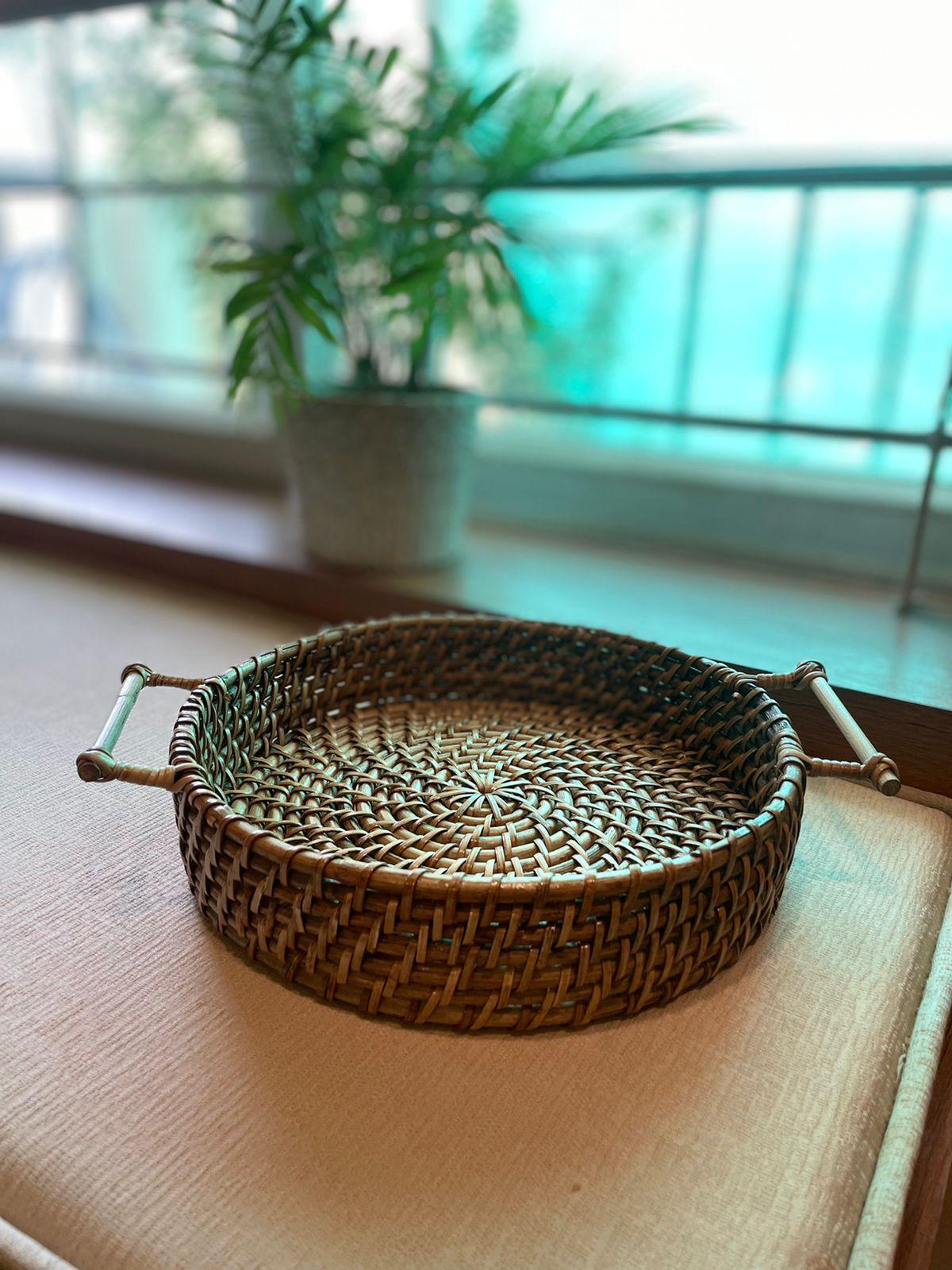 Handwoven Cane Serving Tray With Designer Handle - TESU