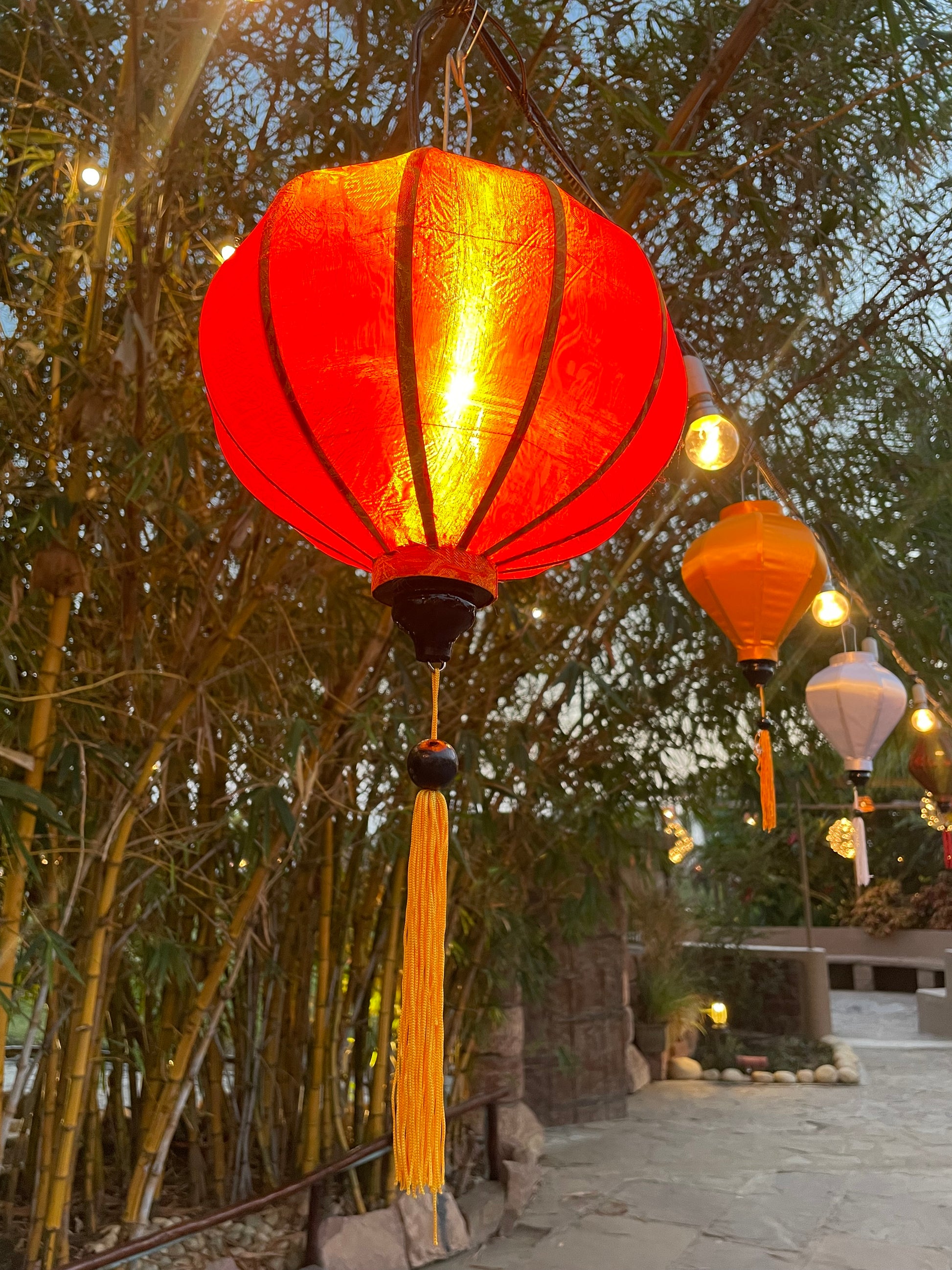 Vietnamese Silk Lanterns - Round Printed Orange hanoi tesu home lampshade