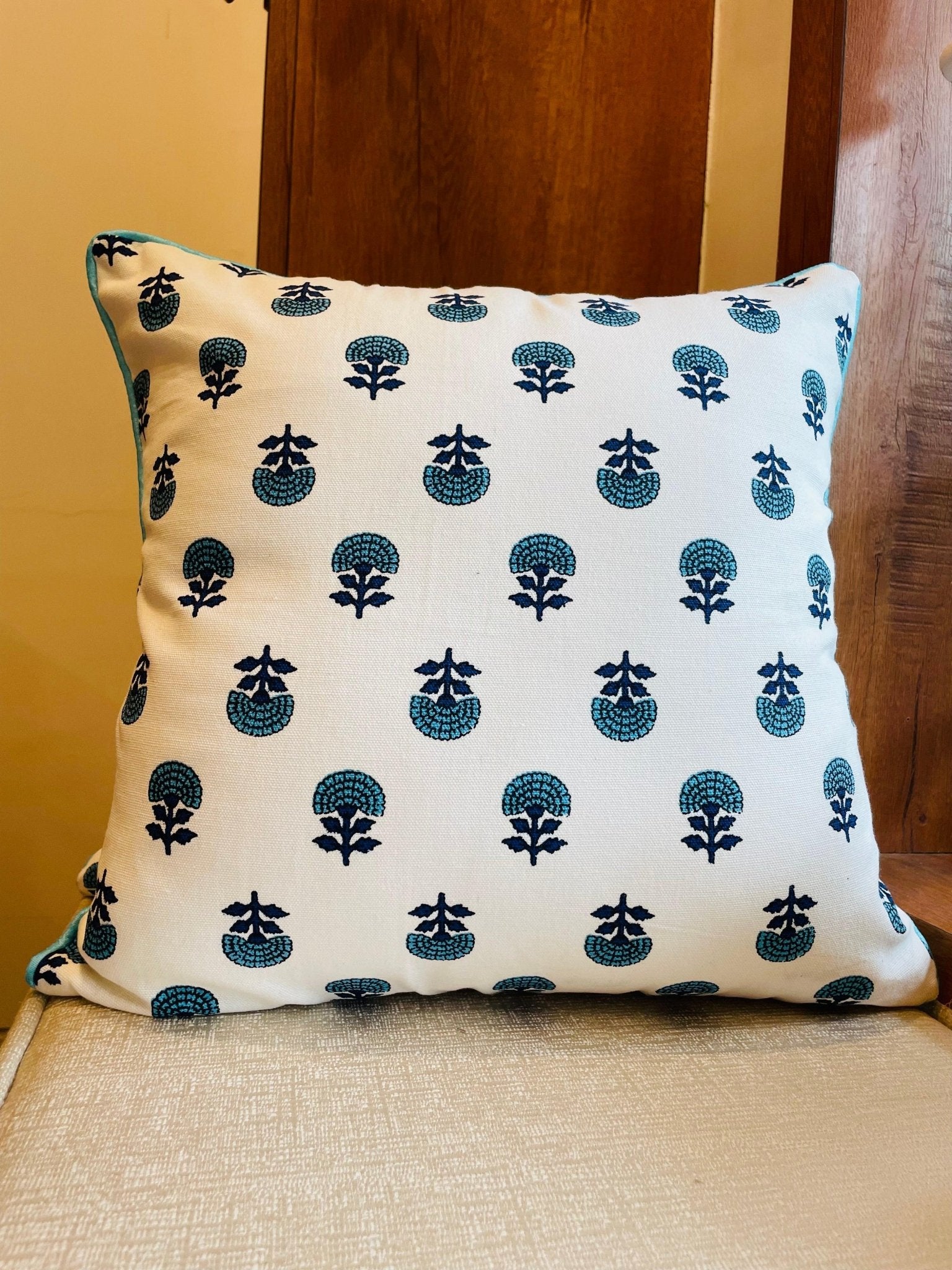 Turquoise Blue and White Handblock Printed Cotton Cushion Covers - Set of 2 - TesuCushion Covers
