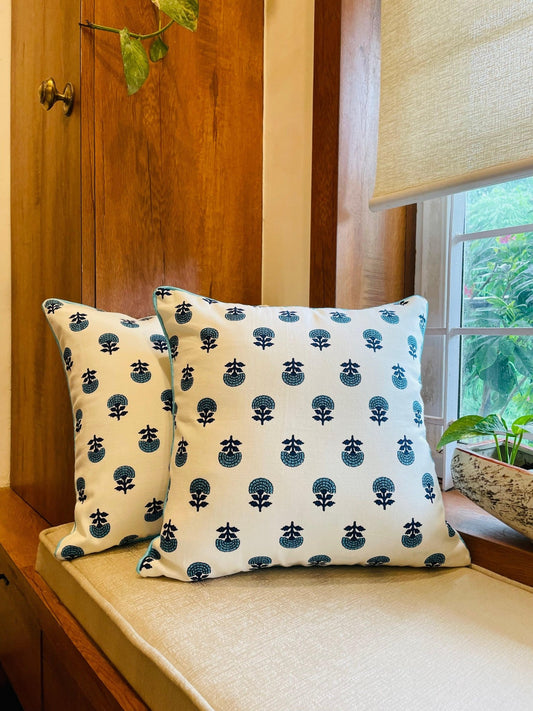 Turquoise Blue and White Handblock Printed Cotton Cushion Covers - Set of 2 - TesuCushion Covers