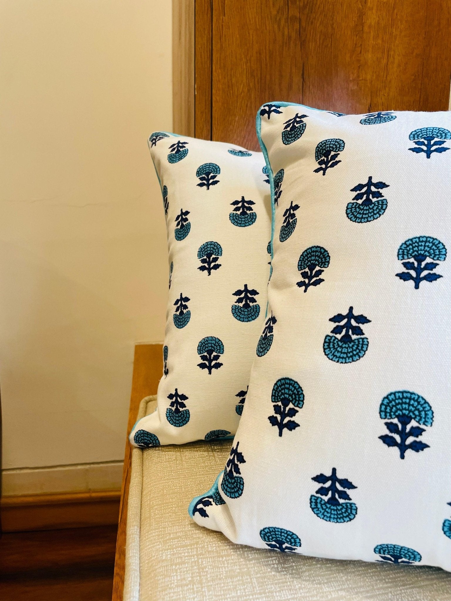 Turquoise Blue and White Handblock Printed Cotton Cushion Covers - Set of 2 - TesuCushion Covers