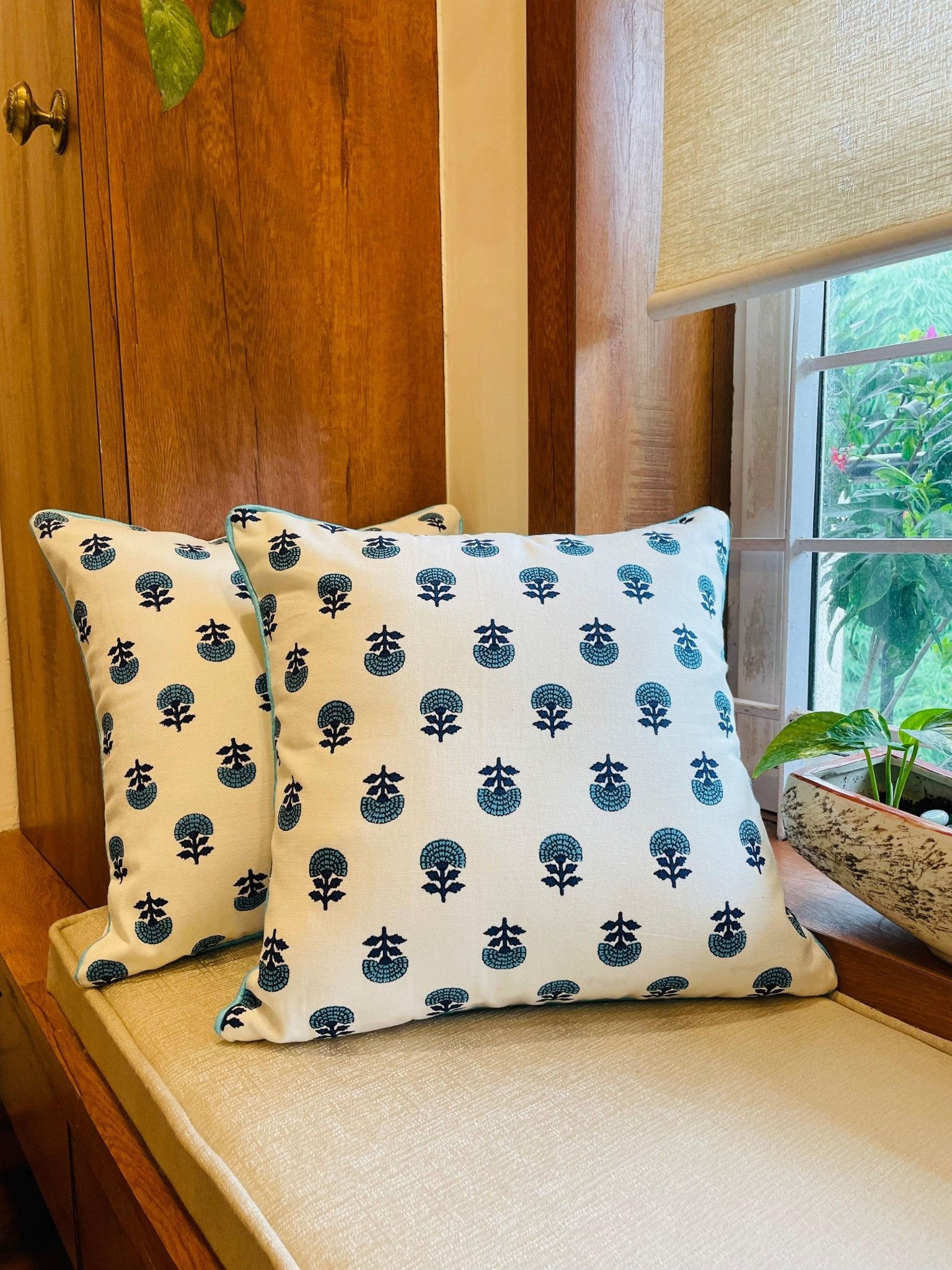 Turquoise Blue and White Handblock Printed Cotton Cushion Covers - Set of 2 - TesuCushion Covers