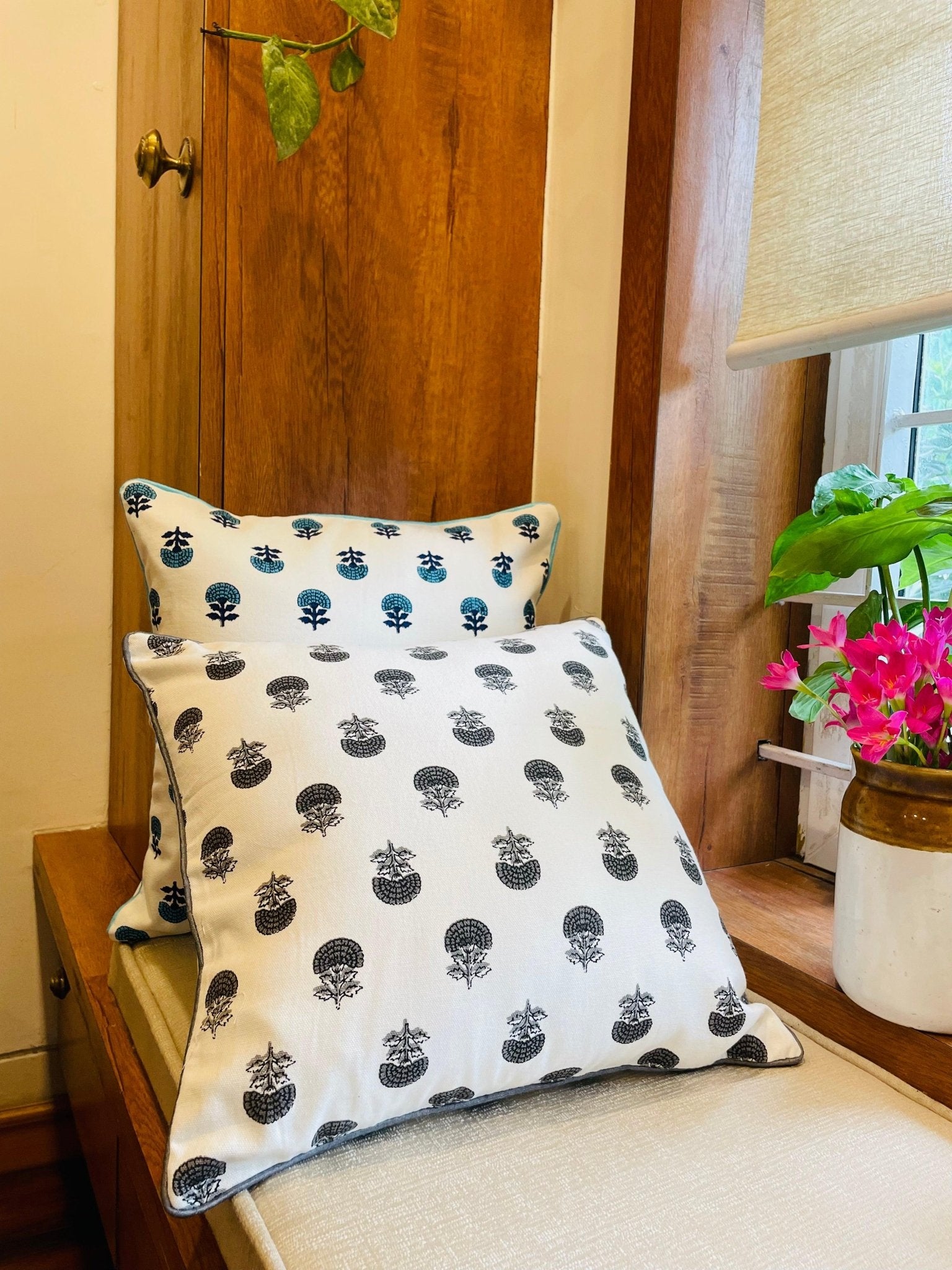 Turquoise Blue and White Handblock Printed Cotton Cushion Covers - Set of 2 - TesuCushion Covers