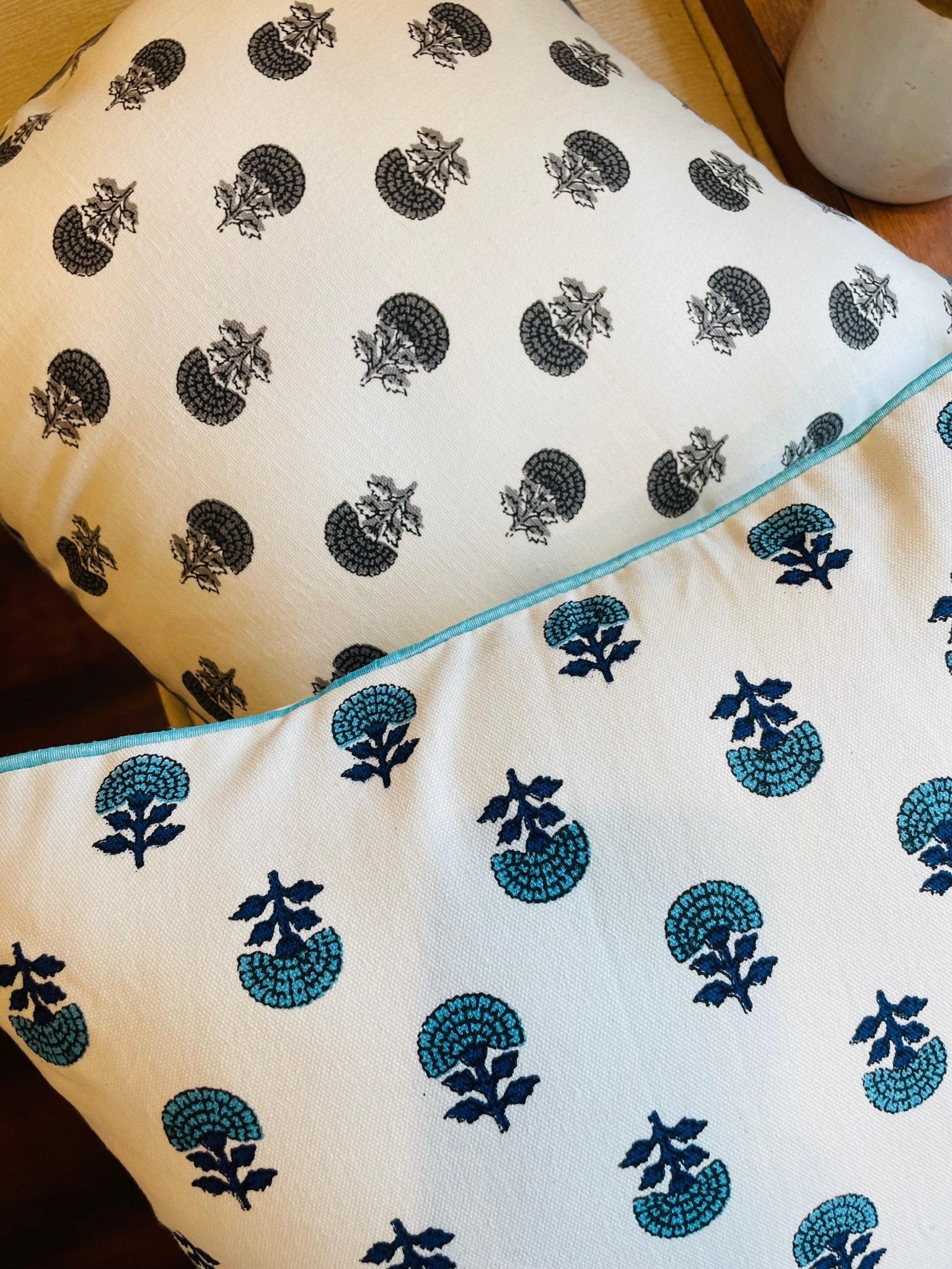 Turquoise Blue and White Handblock Printed Cotton Cushion Covers - Set of 2 - TesuCushion Covers