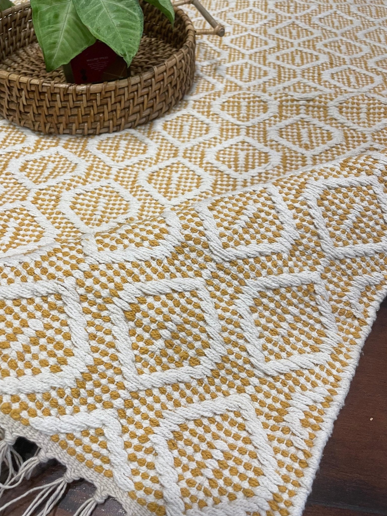 Yellow and White Cotton Durry Rug | Handwoven Geometric Rug India – Tesu